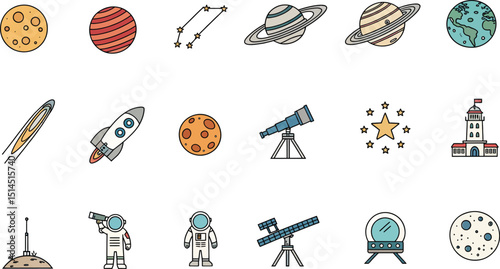 Space exploration icons set featuring planets rockets astronauts and stars perfect for branding