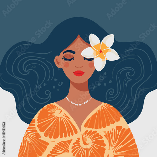 flat vector illustration of a serene woman with closed eyes, featuring smooth facial features and stylized proportions