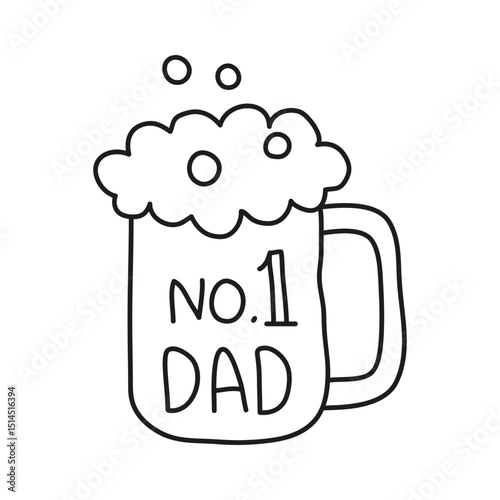 Fathers Day Bear concept. Mug of beer with "No. 1 Dad" text and frothy bubbles. in thin line style