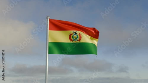 Bolivia flag flowing under wind and rippled blue sky and cloud.