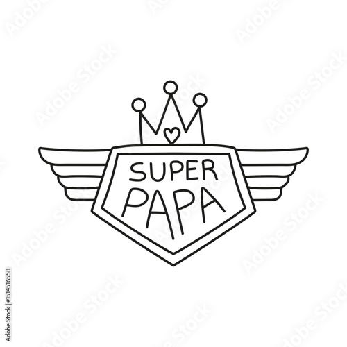 Fathers Day Bear concept. Superhero badge design for a father figure with wings and a crown. in thin line style
