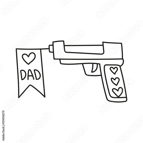 Fathers Day Bear concept. Illustration of a playful toy gun with a "Dad" banner. in thin line style