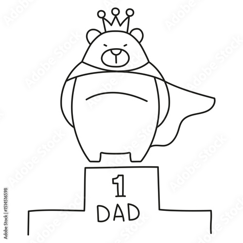 Fathers Day Bear concept. Cute bear in a superhero cape, crowned as number one dad. in thin line style