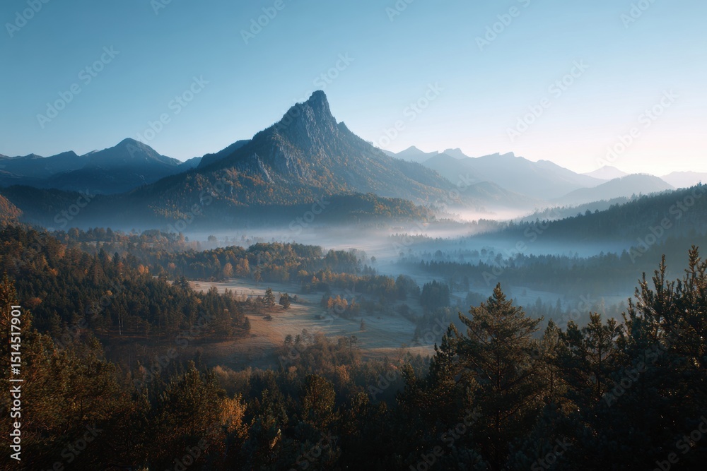 Fototapeta premium A breathtaking mountain landscape bathed in the golden hues of sunrise, enveloped in tranquil morning mist. The serene composition and soft atmospheric light evoke a sense of peace and natural harmony
