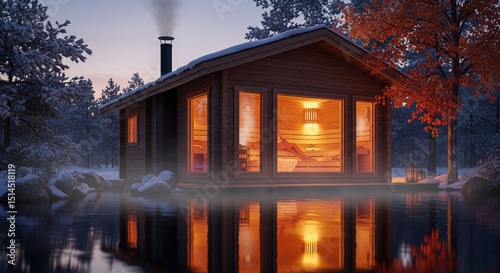 Forest Sauna Cabin at Dusk: Cozy Nordic Warmth in Snowy Wilderness
