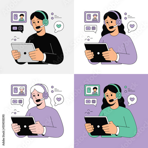 Customer service representatives providing online support via video chat on tablets, offering assistance and solutions in a virtual call center environment