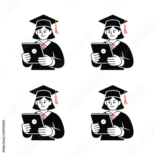 Graduating student holding a tablet isolated on white background, symbolizing academic achievement and the integration of technology in education.