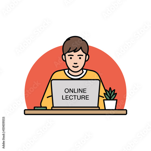 Man attending an online lecture on his laptop, sitting at a desk with a plant, learning from home in a virtual classroom, studying, and using technology for education