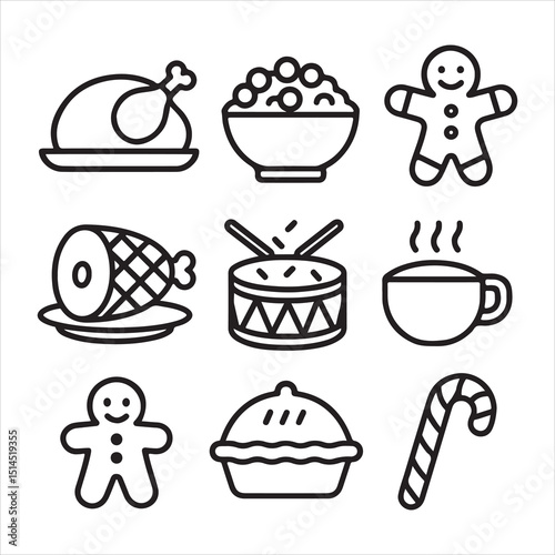 a festive set of black-and-white line icons featuring traditional holiday foods. Include icons of a roasted turkey on a plate, a bowl of cranberries, a bowl of mashed potatoes or stuffing, a gingerbre