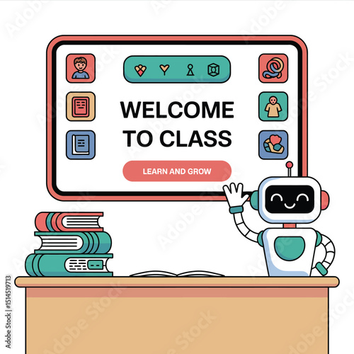 Robot welcomes students to class with books and a digital display isolated on white background
