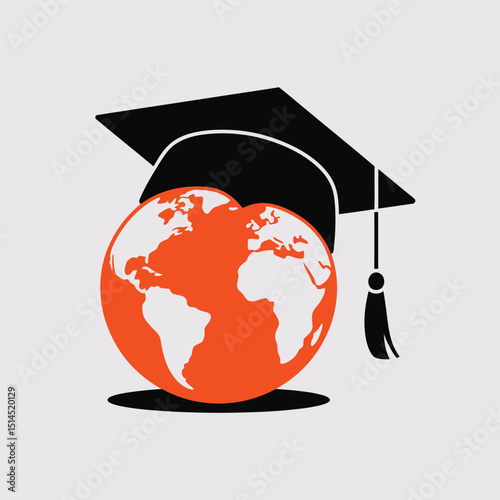 Global education concept with graduation cap on world globe, symbolizing international learning and academic achievement