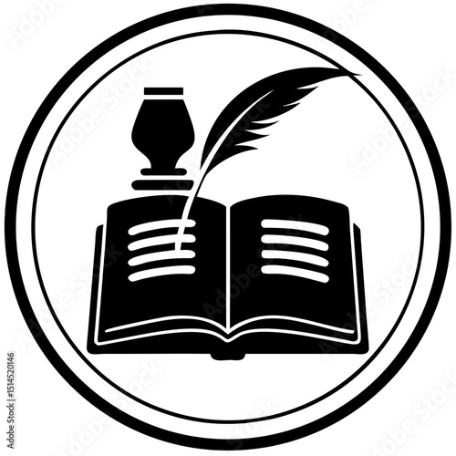 Monochrome inkwell and open book with feather quill in circular design  