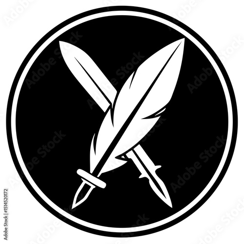 Symbol of power with crossed quill and sword in a circular design  