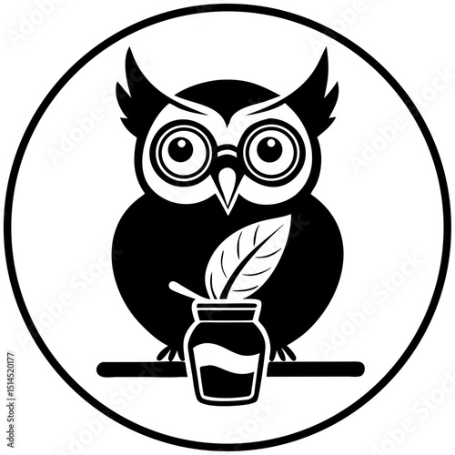 Owl wearing glasses perched on ink bottle with leaf for education concept