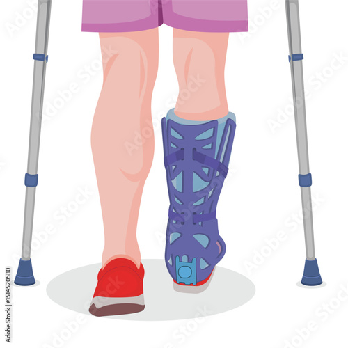 Broken leg person walking with a crutches, medical ilustration