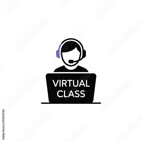 Virtual class icon of a person with headset on a laptop isolated on white background, representing online education, webinars, and remote communication