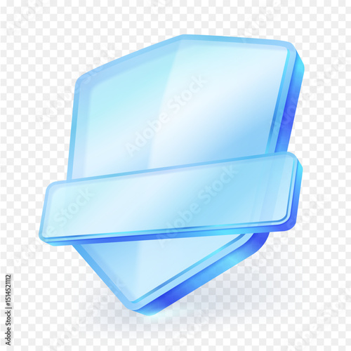 3d shield and badge icon with modern glass style and blank banner. isolated on transparent background, template for protection, warranty, UI, labels, awards, or game elements. Vector illustration.
