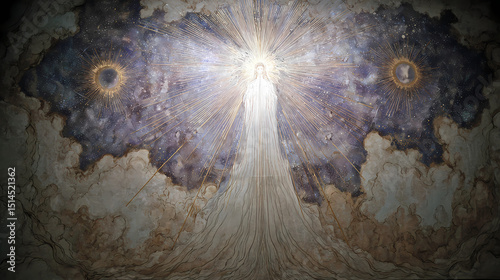 visual for symbolic documentary | ascension of light | mystical longing | ethereal whites and violets | vertical transcendence | alchemical portals | cosmic aureole effect | diffused luminance | late