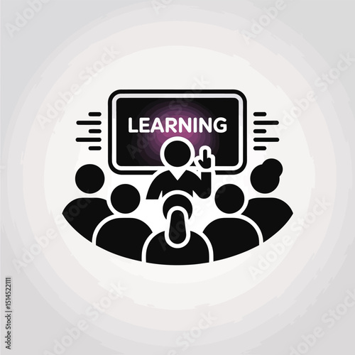 Illustration of a teacher presenting learning material to a group of students in a classroom setting