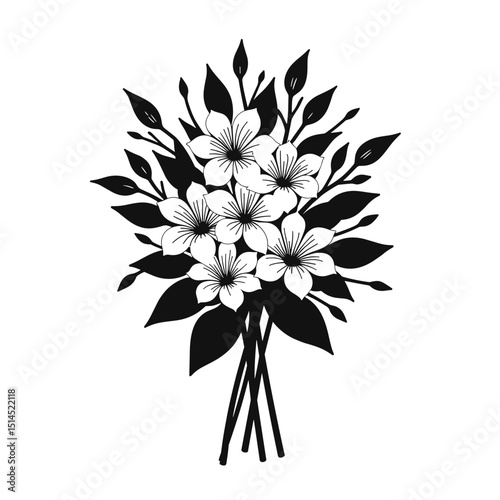 Elegant floral bouquet design with black and white flowers and leaves. Stylish monochrome flower arrangement perfect for wedding invitations and romantic cards
