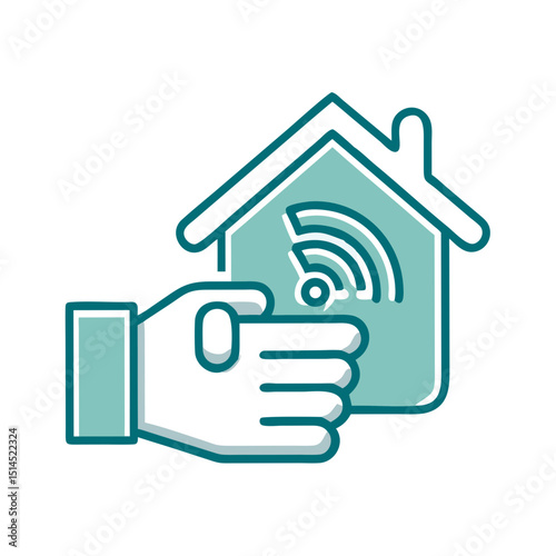 Stylized icon of a hand holding a smart home with wireless signal, representing accessible housing, digital home control, and assistive smart technology for inclusive living environments


