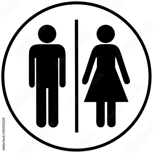 Black and white restroom icon with male and female figures separated by a vertical line, universal signage for public spaces, inclusive restroom design, and gender-specific facilities

