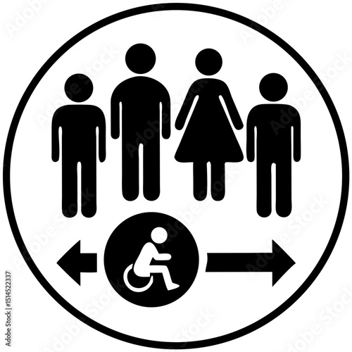 Inclusive black-and-white icon showing diverse group of people and wheelchair accessibility between them, symbol for equal space, inclusive design, public accessibility, and universal mobility rights
