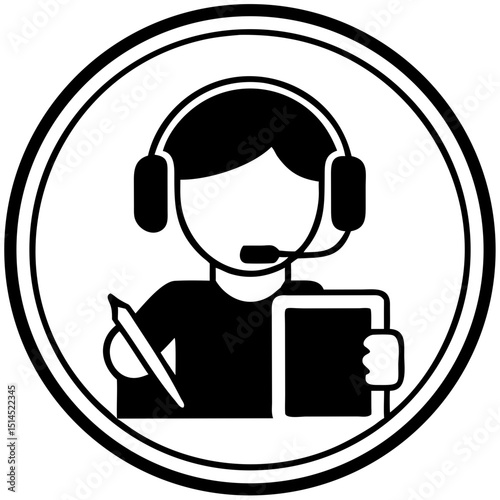 Black and white icon of a person with a headset, writing on a tablet, symbolizing remote learning, digital tutoring, assistive education support, and inclusive communication for e-learning platforms


