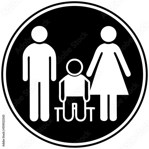 Inclusive family icon with parents and a child using a wheelchair in a bold circular frame, symbolic image for accessibility in family services, inclusive parenting, disability support advocacy, and p