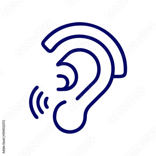Outlined icon of an ear with sound waves, universal hearing symbol for assistive listening devices, accessibility interfaces, inclusive communication tools, and hearing support awareness campaigns

