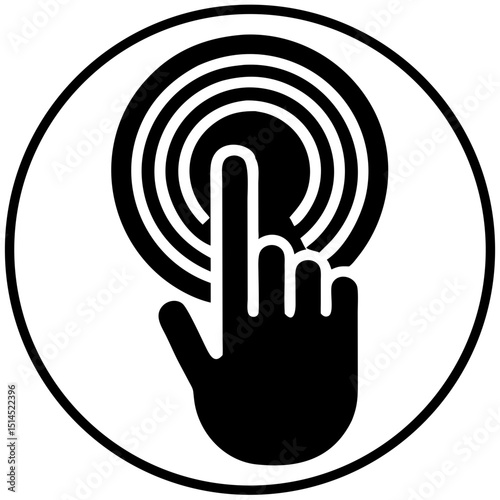 Black and white icon of hand pressing circular touchpoint, bold visual for touchscreen interaction guides, digital access signage, UI controls, and assistive technology platforms


