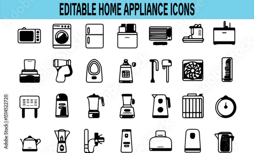 Editable Home Appliance: Icons: A Comprehensive Collection of Black and White Vector Graphics