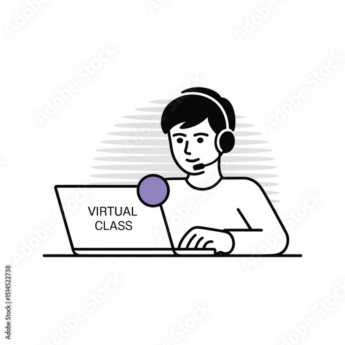 Man with headset using laptop for virtual class isolated on white background