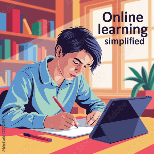 Boy studying online with tablet, writing on paper at desk in room with bookshelf, plant, and window, illustrating modern online learning simplified concept