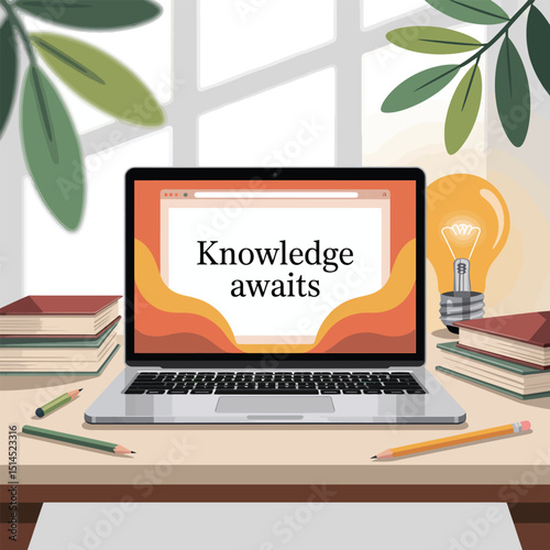 Laptop with 'knowledge awaits' message on screen, surrounded by books, pencils, and a light bulb, creating a study or work from home scene.