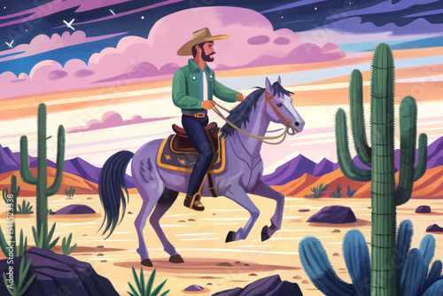 Cowboy riding a horse in the desert illustration vector