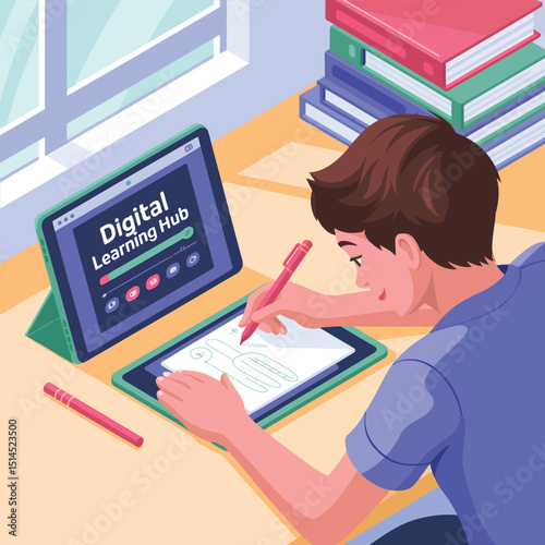 Boy studying with digital learning hub on tablet, drawing on another tablet with pen, books stacked on table near window, isometric illustration