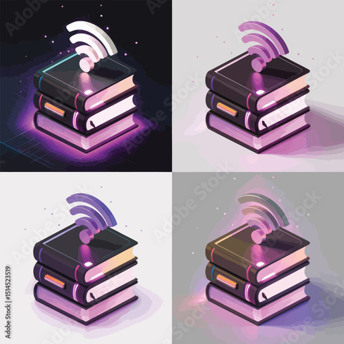 A stack of books with a wifi symbol on top, representing online learning and digital education in a modern and futuristic style with neon glowing effects