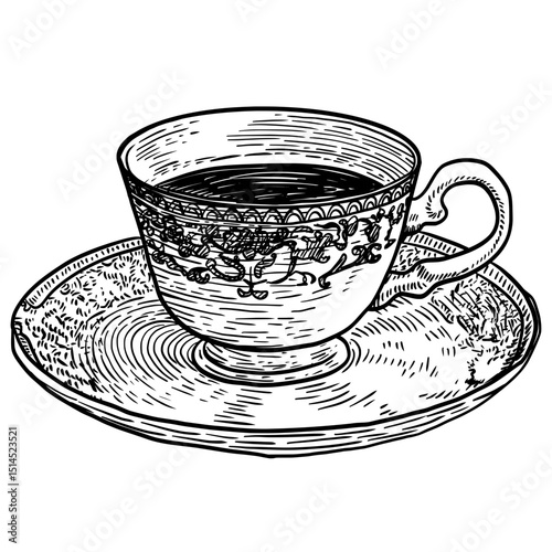 A detailed  line art illustration of a coffee cup with intricate patterns on a matching saucer, rendered in an engraved style.