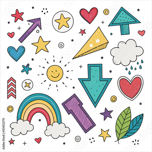 This image is a colorful and whimsical illustration featuring various cute and playful elements. Here's a breakdown of the elements in the image: