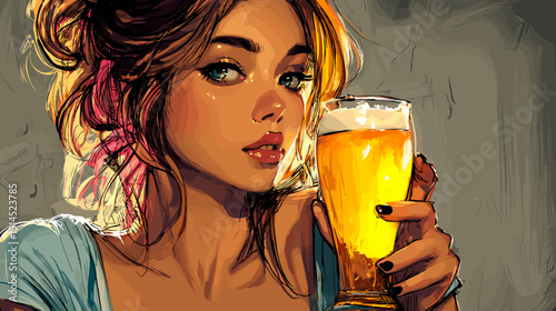 レトロスタイルのビールと女性、ベクターイラスト