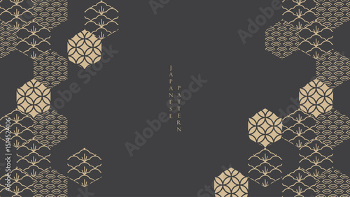 Abstract art with Japanese geometric pattern vector banner. Nature art background with wave and bonsai tree invitation card template in vintage style. Asian traditional icon and symbol design