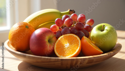 Fresh fruit in wooden bowl sunlight