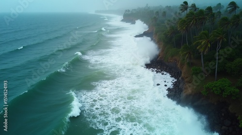 Aerial view of the ocean with waves crashing on the rocks near sea beach