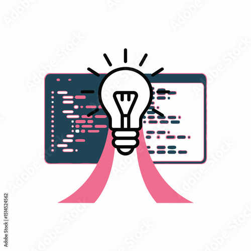 Light bulb illuminating code on a computer screen, symbolizing innovation and creative solutions isolated on white background, representing technology and development