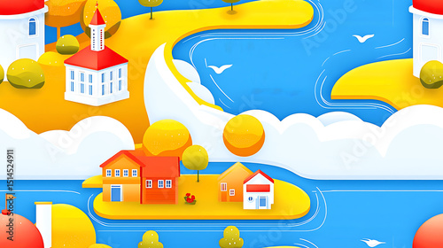 Small town island with colorful houses and trees near water with birds flying in bright sunny day