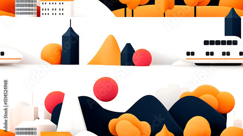 Modern cityscape with abstract buildings and colorful shapes in bright, minimal style creating lively atmosphere