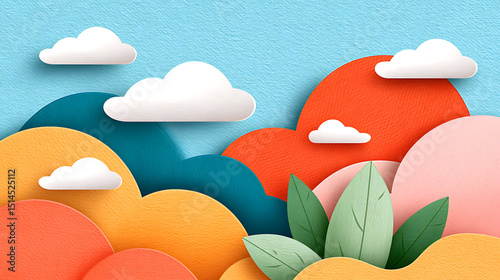 Colorful paper cut clouds and leaves with soft pastel tones create gentle and calm sky scene with warm emotional expression