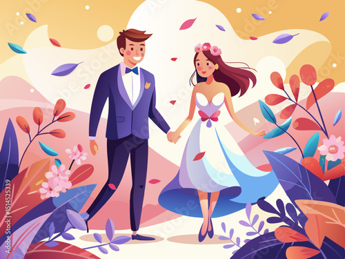 A beautiful vector of a newlywed couple walking hand in hand, surrounded by flower petals, on a soft pastel background