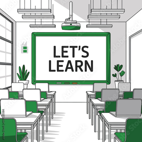 Illustration of a modern classroom with desks, chairs, laptops, whiteboard with the words 'Let's Learn', projector, and plants in a clean and bright interior.